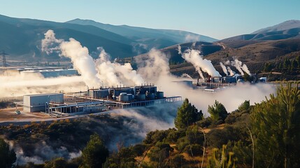 Fototapeta premium A geothermal power plant with steam vents releasing energy from deep within the Earth, providing a renewable and reliable source of power. The plant’s integration into the natural landscape 