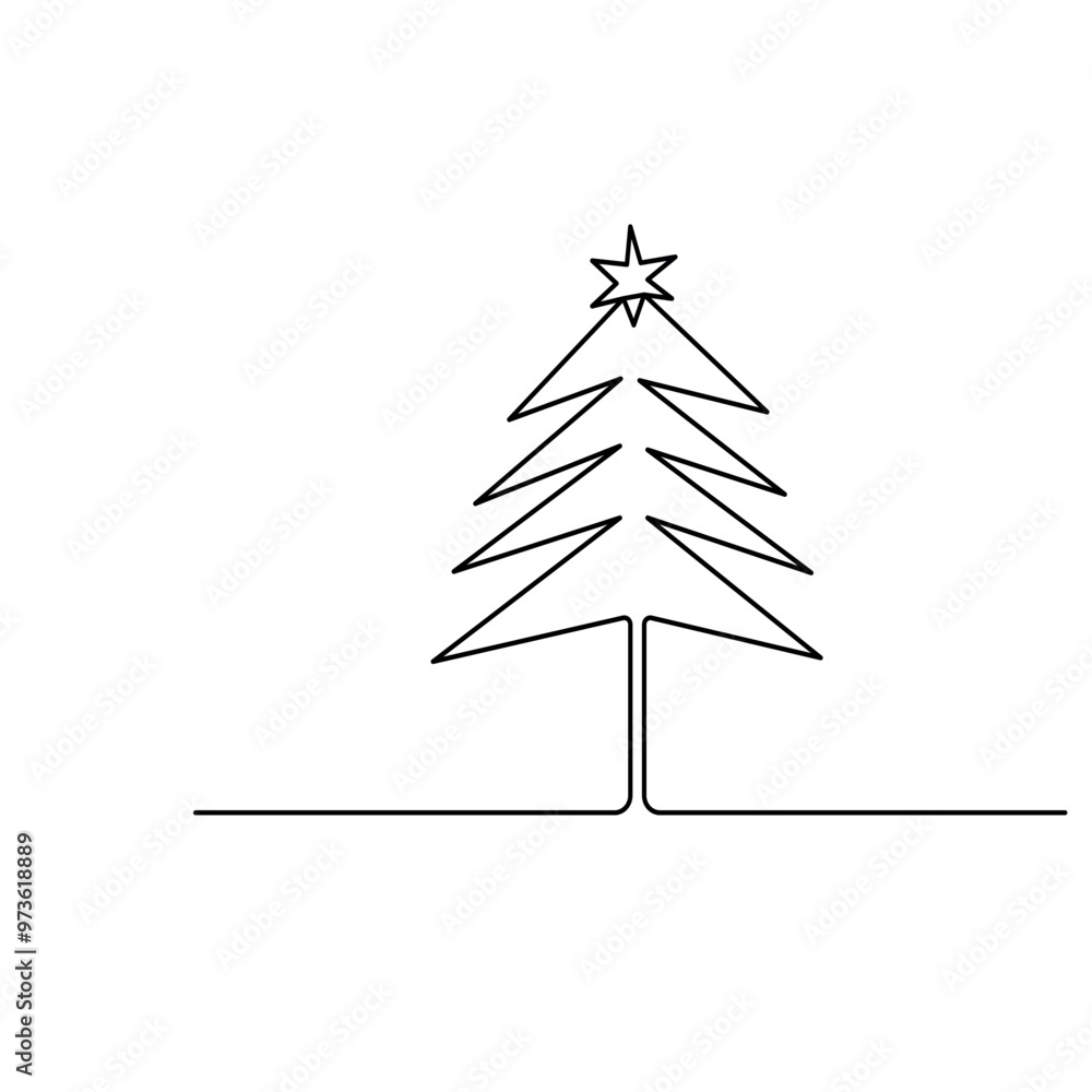 Poster christmas tree single line art, continuous one line drawing of isolated outline vector icon
