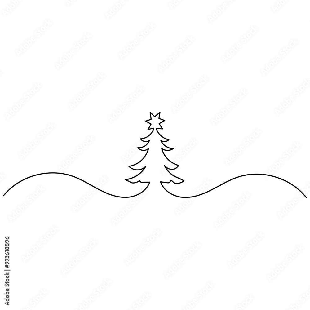 Poster christmas tree single line art, continuous one line drawing of isolated outline vector icon