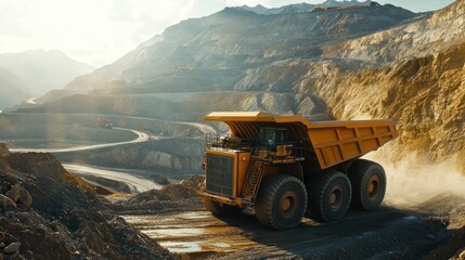 Large yellow mining truck driving on a dirt road in a quarry, leaving dust in its wake.
