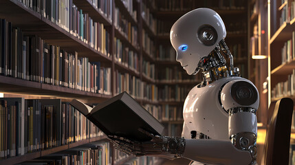 Fototapeta premium Ai robot reading book in library, ai generative. Robot. Illustration