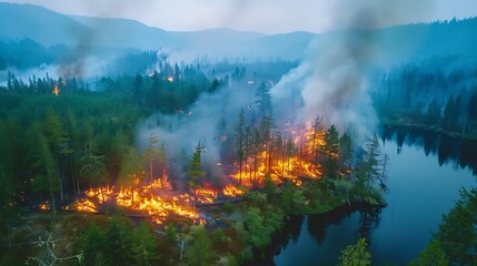 Indigenous land management practices preventing wildfires, showing controlled burns and land stewardship by Indigenous peoples in a forested area. 