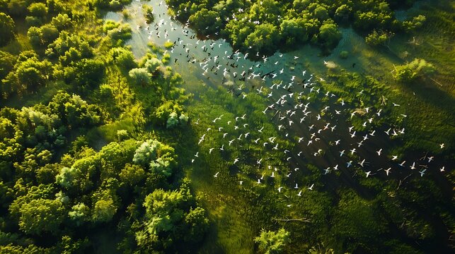Habitat fragmentation affecting migratory birds, showing a broken landscape of forests and fields with birds struggling to find continuous migration routes. 