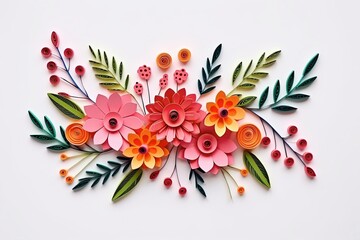 Obraz premium Colorful paper quilling floral artwork with vivid flowers and leaves on a white background, showcasing artistic creativity. 