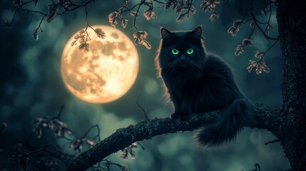 Fototapeta premium Black Cat Silhouette with Full Moon in Night Sky
