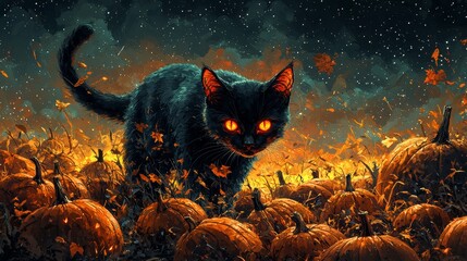 Black Cat with Glowing Eyes in Pumpkin Patch at Night
