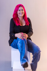 Female professional shoot of woman hairdresser with pink hair