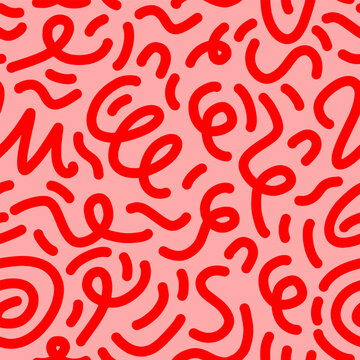 Fun colorful line doodle seamless pattern. Creative minimalist style art background for children or trendy design with basic shapes. vector illustration.