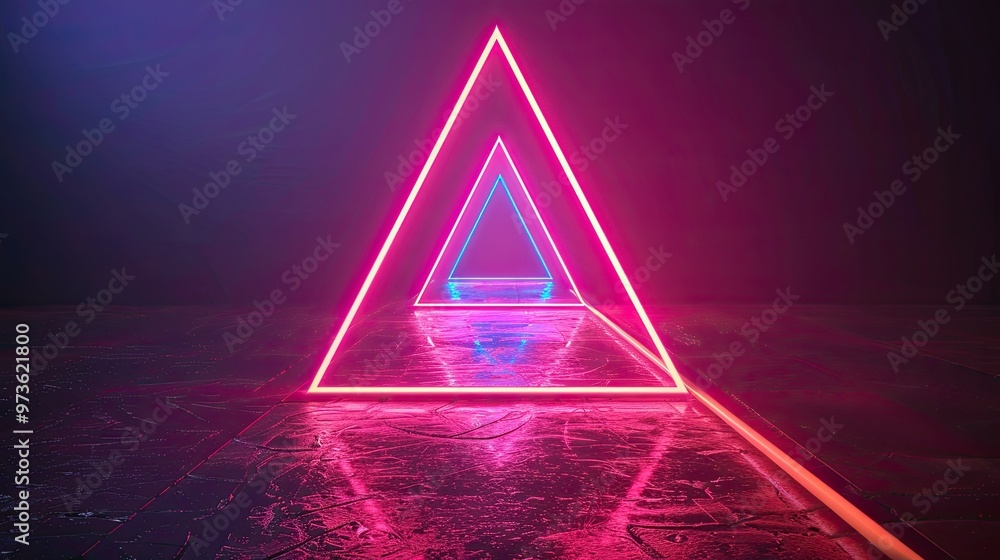 Poster a visually striking scene featuring glowing neon triangles that create a futuristic atmosphere with 