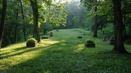 Eco-friendly burial practices in a green cemetery, where natural decomposition processes are honored and the landscape is preserved in a natural state. The approach reflects a growing movement 