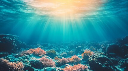 Fototapeta premium Enchanting Underwater Scene with Vibrant Coral Reefs and Diverse Marine Life, Highlighting the Breathtaking Beauty and Biodiversity of the Ocean Ecosystem