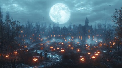 Fototapeta premium Spooky Halloween Night in a Haunted Town with Jack O Lanterns