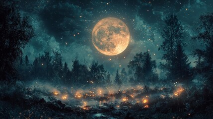 Obraz premium Enchanting Night Forest with Full Moon Stars and Glowing Lights