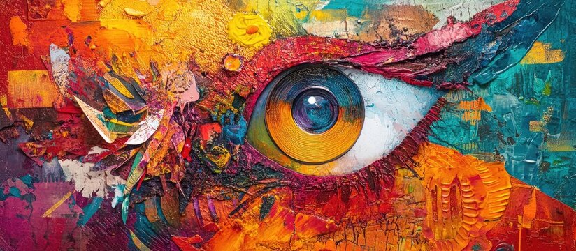 Unique mixed media artwork showcasing vibrant colors and intricate textures blending various materials to create an eye catching visual experience