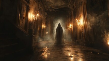 Fototapeta premium Mysterious Figure in a Dark and Eerie Hallway with Candles