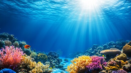 Naklejka premium Enchanting Underwater Scene with Vibrant Coral Reefs and Diverse Marine Life, Highlighting the Breathtaking Beauty and Biodiversity of the Ocean Ecosystem