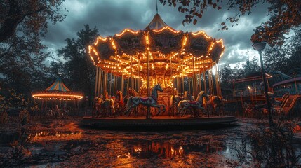 Obraz premium Illuminated Carousel in Amusement Park at Dusk