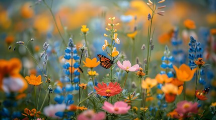 A blooming wildflower meadow with butterflies fluttering among the vibrant blossoms, creating a scene of natural beauty and ecological harmony. The diversity of colors and species showcases 