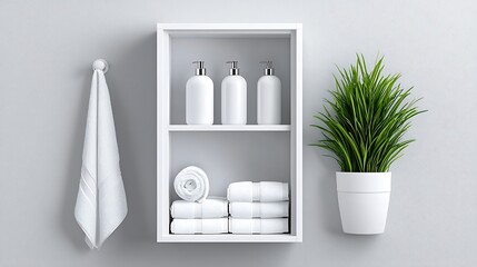 A white bathroom shelf neatly holds towels, soap bottles, and a plant, combining simplicity with elegance.