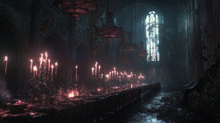Fototapeta premium Gothic Cathedral Interior with Candlelight and Empty Table Setting