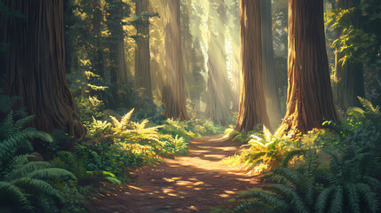 Obraz premium Sunlight filters through the tall, majestic redwood trees, highlighting vibrant ferns and undergrowth, creating a serene and enchanting forest path. Redwood Forest. Illustration
