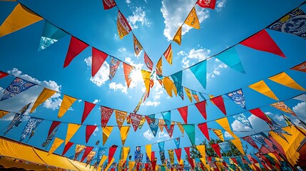 Colorful pennant flags dance against a bright blue sky, illuminated by the sun.