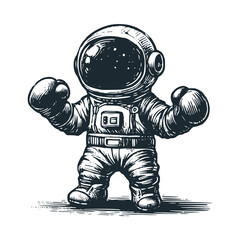Cute astronaut playing boxing . Black white vector. Icon and logo illustration.