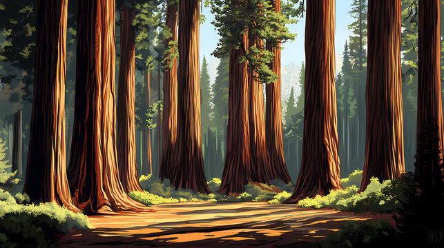 Tall forest of giant sequoias in national park - a majestic redwood landscape. Redwood Forest. Illustration