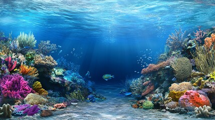 Fototapeta premium Enchanting Underwater Scene with Vibrant Coral Reefs and Diverse Marine Life, Highlighting the Breathtaking Beauty and Biodiversity of the Ocean Ecosystem