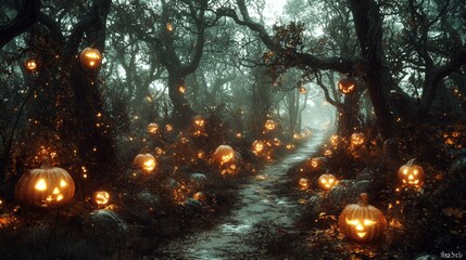Spooky Halloween Forest Path with Jack O Lantern Lights