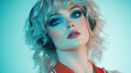 Platinum Blonde Drag Queen Close-Up with Blue Eyeshadow and Headset, Soft Lavender Backdrop