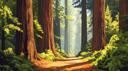 A natural paradise where redwood trees create dense picture. Redwood Forest. Illustration