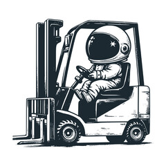 Cute astronaut ride a forklift . Black white vector. Icon and logo illustration. © Maryoto