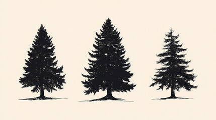 A set of three hand-drawn pine tree silhouettes. Redwood Forest. Illustration