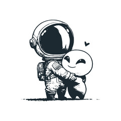 Cute astronaut meet with Alien UFO . Black white vector icon and logo illustration.
