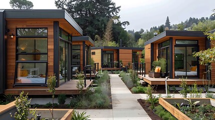 A sustainable tiny house community, where residents live in compact, energy-efficient homes designed for minimal environmental impact. The community’s focus on simplicity, resource conservation, 