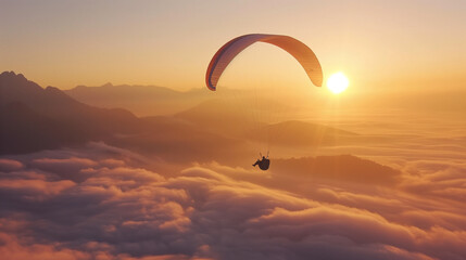 a paraglider in the sky above the clouds at sunset over the mountains, Ai generated images