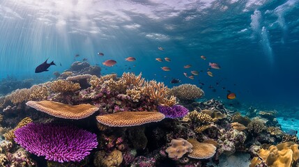 Enchanting Underwater Scene with Vibrant Coral Reefs and Diverse Marine Life, Highlighting the Breathtaking Beauty and Biodiversity of the Ocean Ecosystem