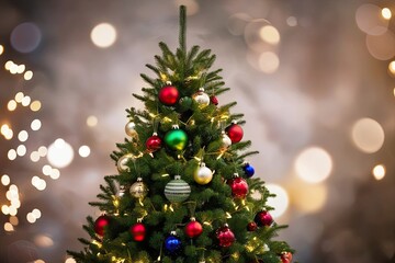 Beautiful Christmas Evergreen Tree Adorned with Colorful Ornaments and Shimmering Lights with Magical Bokeh Background