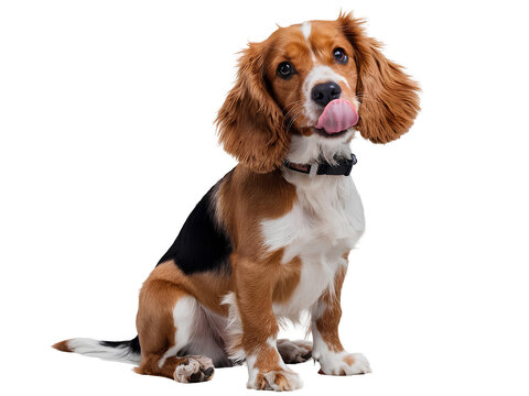 Cute little smiling purebred spaniel dog sitting and licking. Pet puppy portrait against transparent background. Concept of movement, joy, playing, pets love, animal life, pet dogs hair friend paw. - Powered by Adobe
