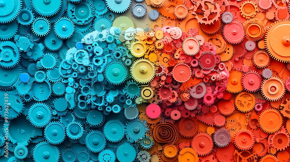 Aufkleber an abstract background of colorful interlocking cogs and gears creates a lively, energetic design.