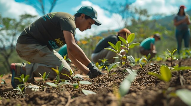 A reforestation project with volunteers planting young trees in a previously barren area, restoring the land to its natural state. The activity symbolizes hope and collective effort in combating 