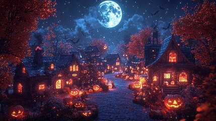 Halloween Night Village with Jack O Lanterns and Full Moon