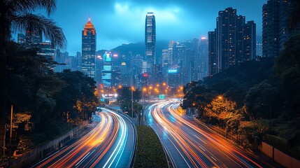 Fototapeta premium Vibrant light trails from city traffic at night, wide view with glowing skyscrapers in the background