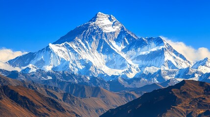 Fototapeta premium Majestic snow-capped mountain range under clear blue sky, showcasing the breathtaking beauty of towering peaks, pristine wilderness, and serene natural landscape. High resolution, perfect for nature, 