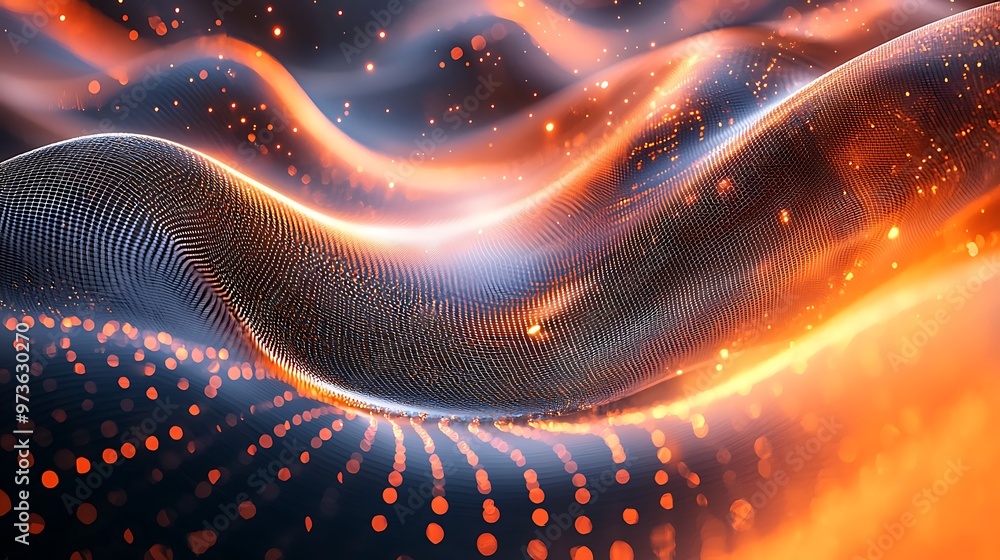 Poster a wavy grid pattern in orange and blue glows with bokeh lights, blending structure and creativity.