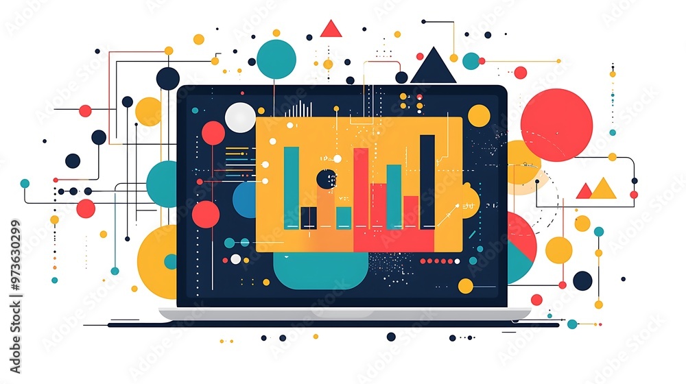 Poster a modern laptop displays colorful geometric shapes and data visualizations, merging technology and c