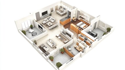 Modern apartment interior design with open floor plan, 3 bedrooms, kitchen, and balconies.