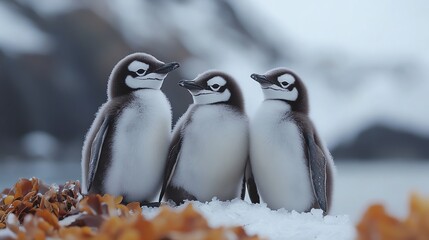 Penguins standing together on an icecovered shore, huddling against the cold, wide shot of the scene