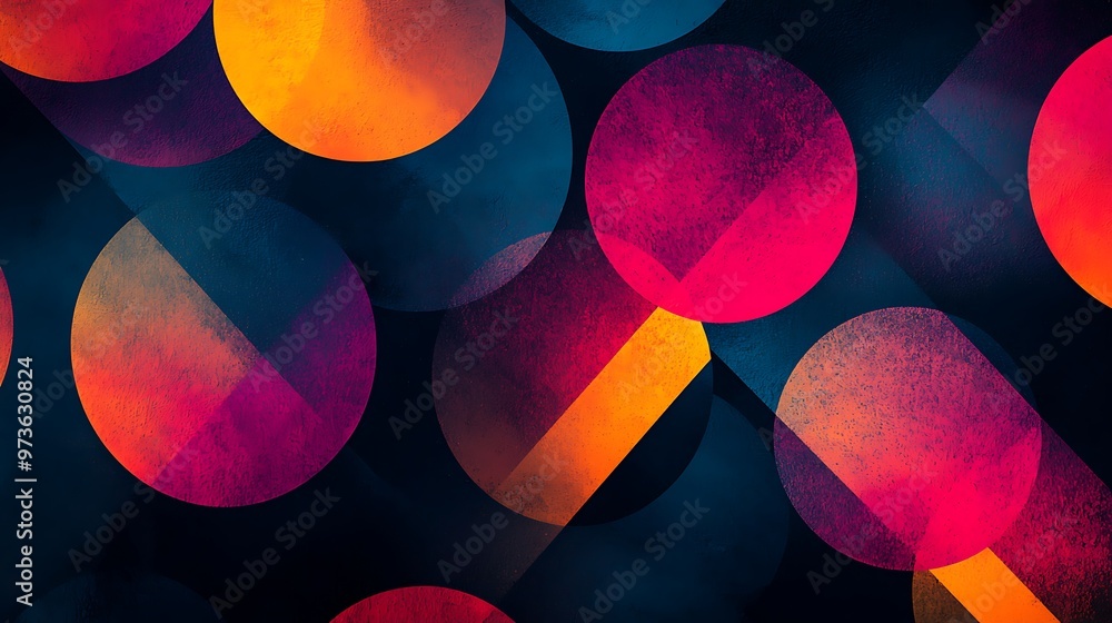 Poster colorful circles with textured overlays form an abstract background, adding depth and motion.